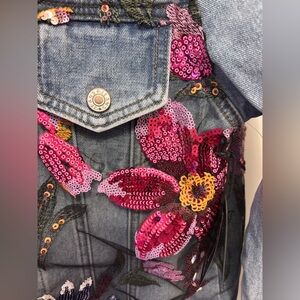 Gabby Isabella Blue Jean Jacket with Purple and Pink Floral Embroidery